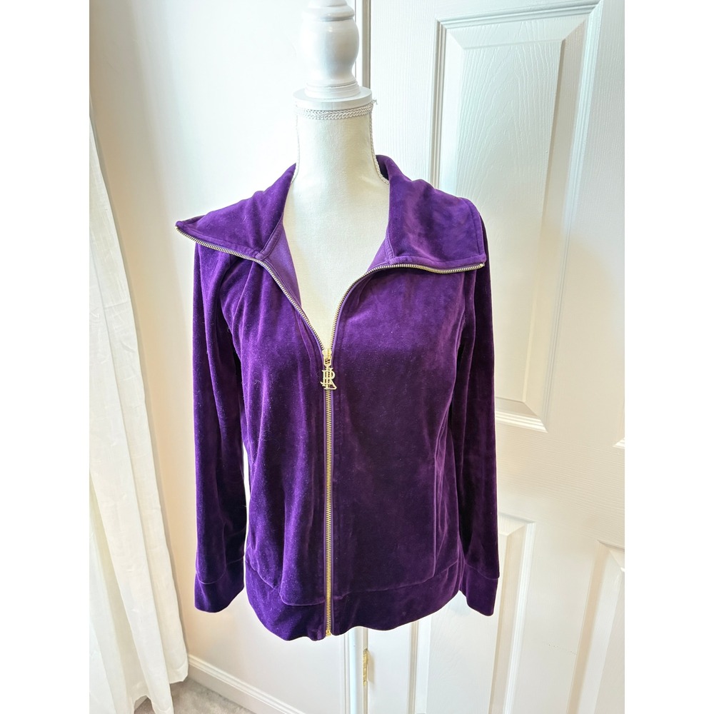 Lauren Ralph Lauren Purple Velvet Zip Up Jacket Y2K Velour Monogram M